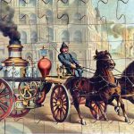 Two Horse Drawn Steam Fire Pumper, McLoughlin Brothers is on a building in the background, 1901, 17 × 25.