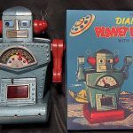 Original Yonezawa (Japan) tin windup Diamond Planet Robot, rare variation with blue body and red arms. At 10in high, Diamond Planet is the largest windup robot ever produced. 100% original robot comes with high-quality repro box. Estimate $30,000-$50,000