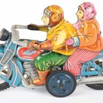 Rare I Y Japan tin friction Romance motorcycle, known to collectors as the ‘large blue version.’ Size: 12in long. Excellent condition. Sold for $25,830 against an estimate of $2,000-$3,000.