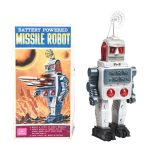 Very rare near-mint Alps (Japan) battery-operated Missile Robot, 15in tall with original dish antenna and pictorial factory box with inserts. Sold for $11,685 against an estimate of $3,000-$6,000.